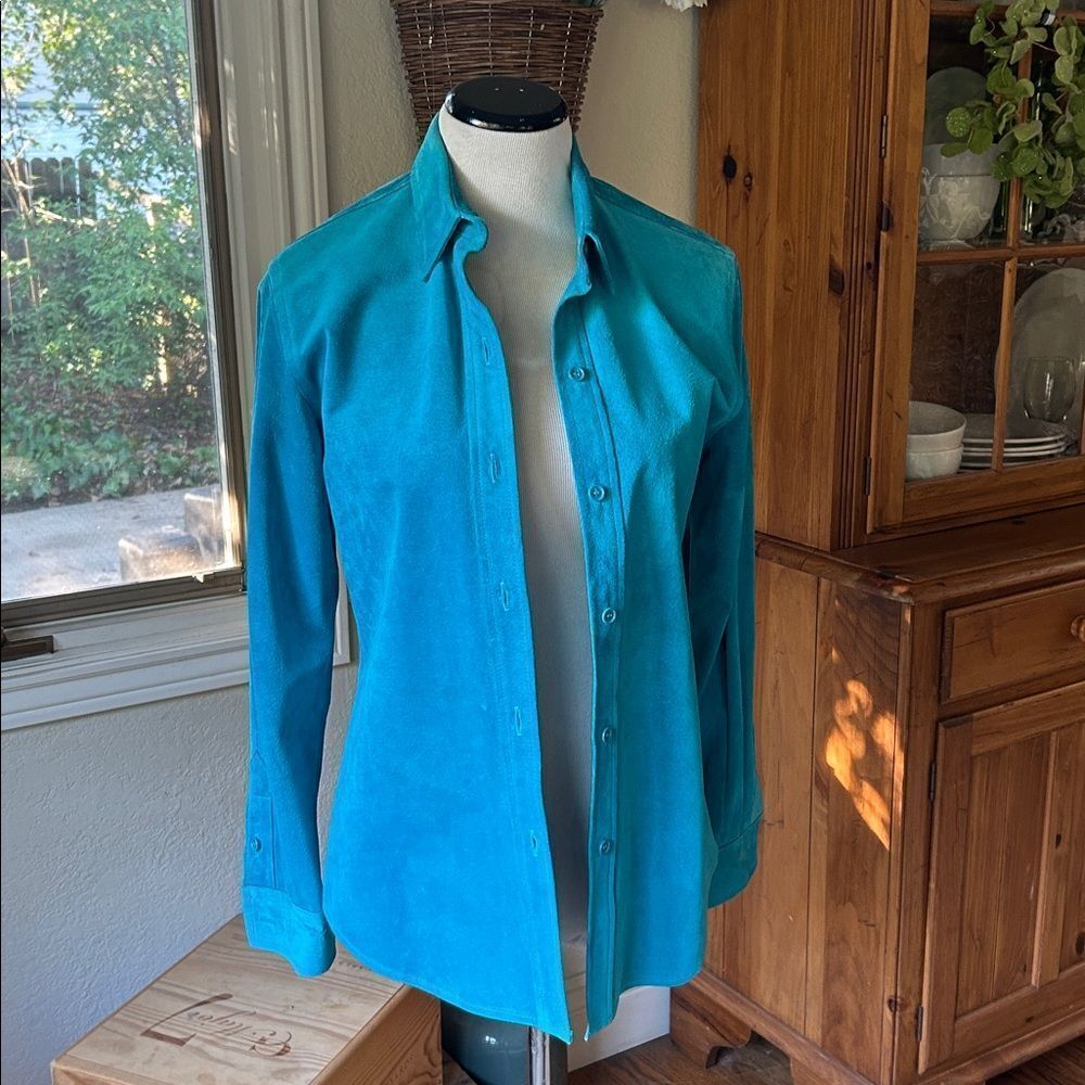 Vintage Made USA Turquoise Long Sleeve Button-Up Suede Leather Shirt Size Small